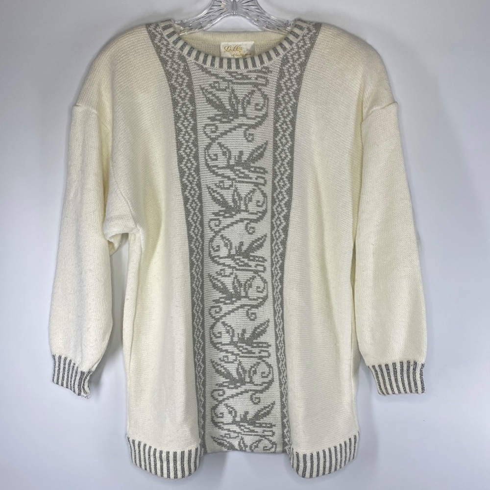 Vintage Lilly Of California Off White & Gray Sweater Size Large